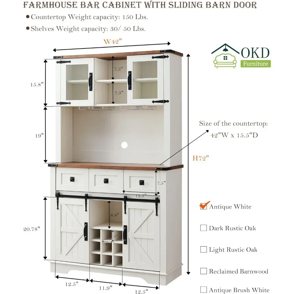 Barschrank mit Scheunentür mit Schiebetür und Schrank mit Wein- und Brillengestell, 3 Schubladen, 12 Ablageflächen, Barschrank