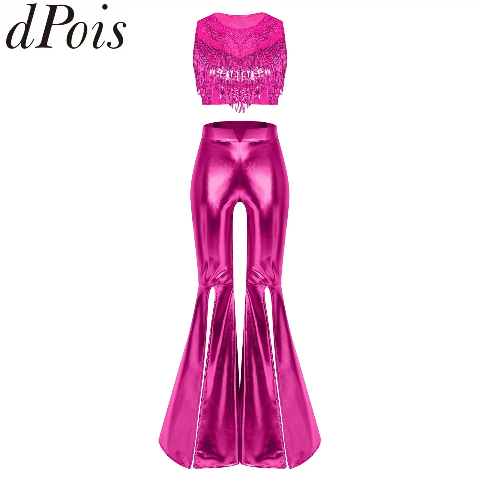 

Women Metallic Disco Dance Jazz Tango Set Party Raves Outfit Sleeveless Sequin Tassel Crop Top And Split Flared Pants Clubwear