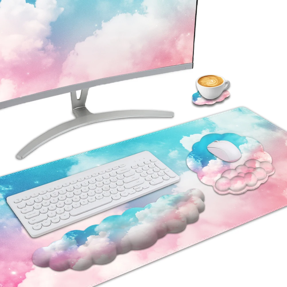 Blue and Pink Cloud Mouse Pad Wrist Pad Four-Piece Set -The mouse pad relieve wrist pain, soft and comfortable, suitable for use