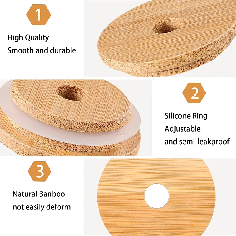 10Pcs Reusable Bamboo Jar Lids, Straw Hole for Wide Mouth Mason Jar, 70mm, 86mm