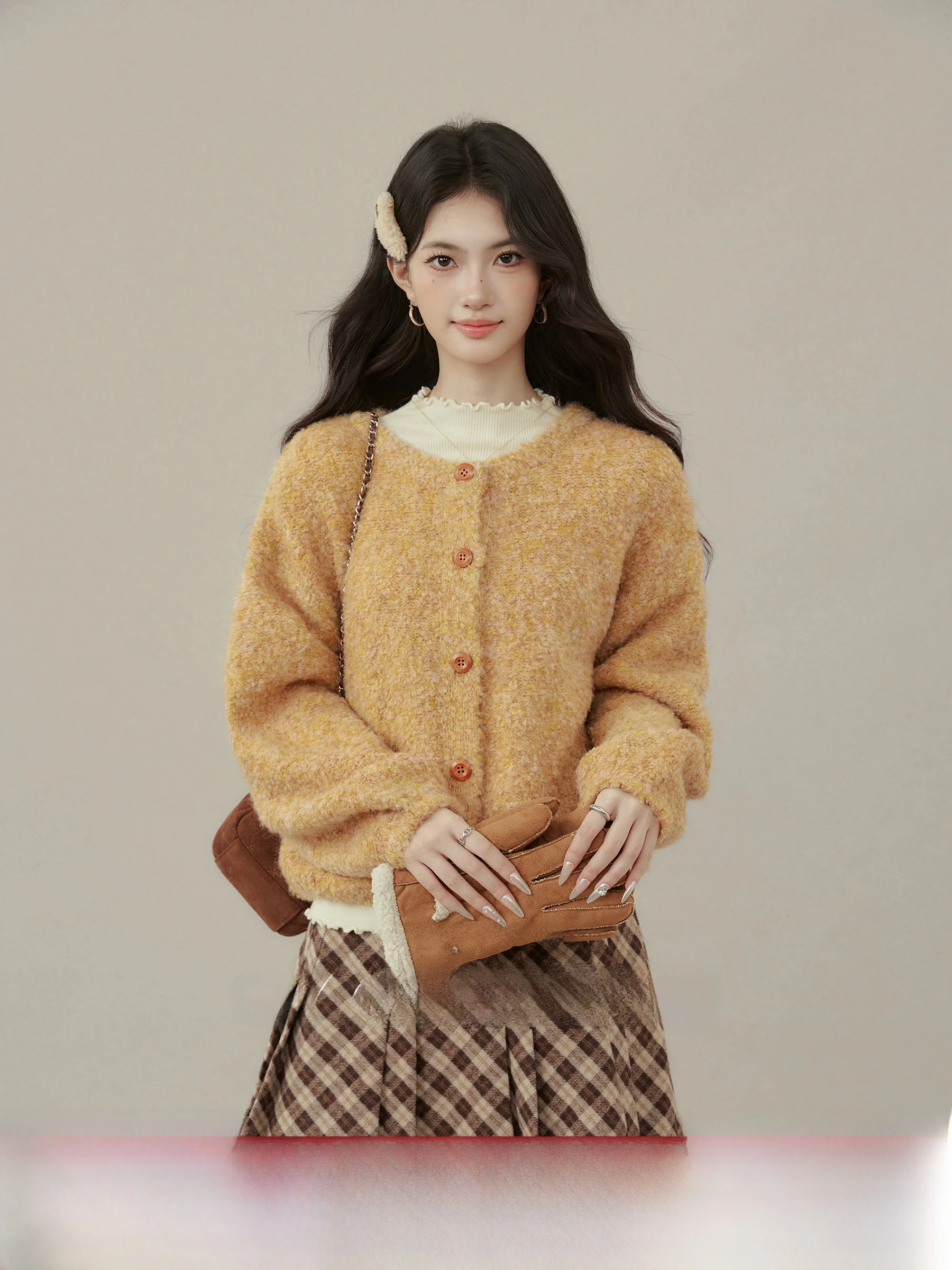 

Yellow Knitted Loose Sweater Cardigan for Plump Women Comfortable Lazy Top Warmth Emitting Long Sve round Ne Coat