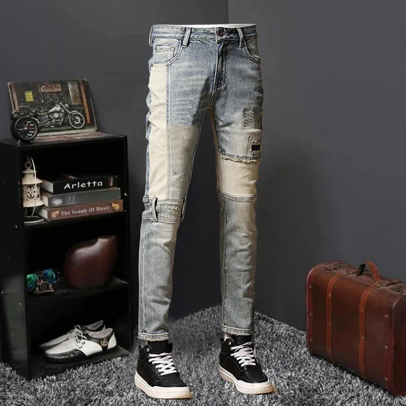 Fall Men Patchwork Ripped Fashion Jean High Street Hip Hop Stretch Slim Motorcycle Designer Retro Locomotive s