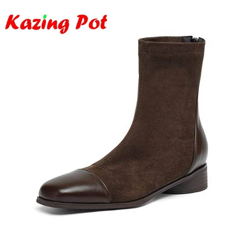 Krazing Pot Microfiber Flock Square Toe Med Heels Zipper Chelsea Boots Keep Warm Winter Shoes Patch Work Stretch Ankle Boots