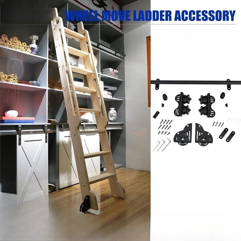 

Retractable Wooden Ladder Slide Bookshelf Mobile Wrought Iron Track Ladder for Library