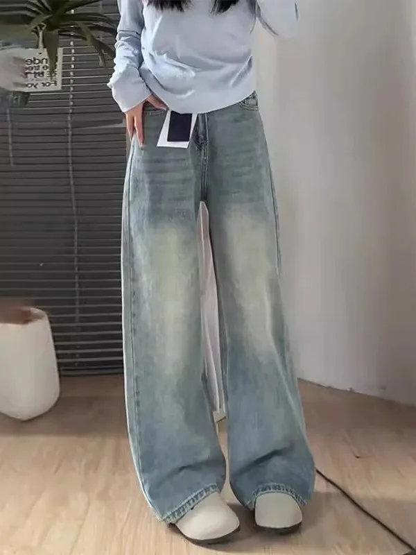 

Женские легкие широкие джинсы больших размеров с высокой талией, свободные брюки прямого кроя для похудения для груши, осень-зима...