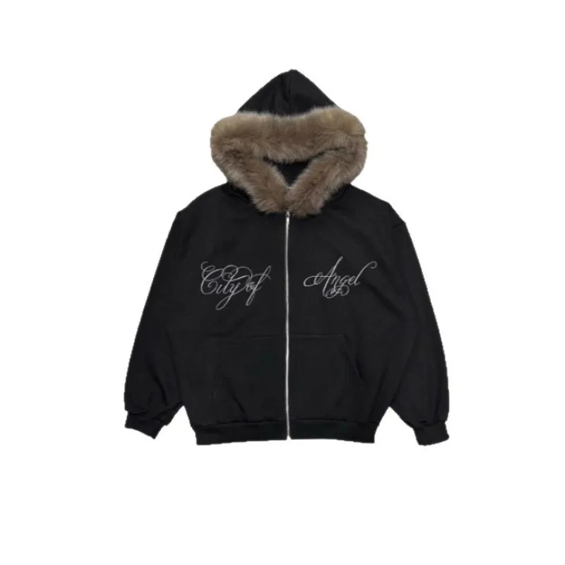 Sudadera con capucha estilo retro de estilo europeo y americano con cuello de piel para hombres y mujeres diseño sentido cremallera