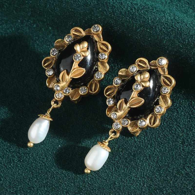 

Vintage Black Agate Flower Earrings Gold Color Natural Drop Pearl Water Droplet Rhinestones Retro Luxury Quality Jewelry 2025