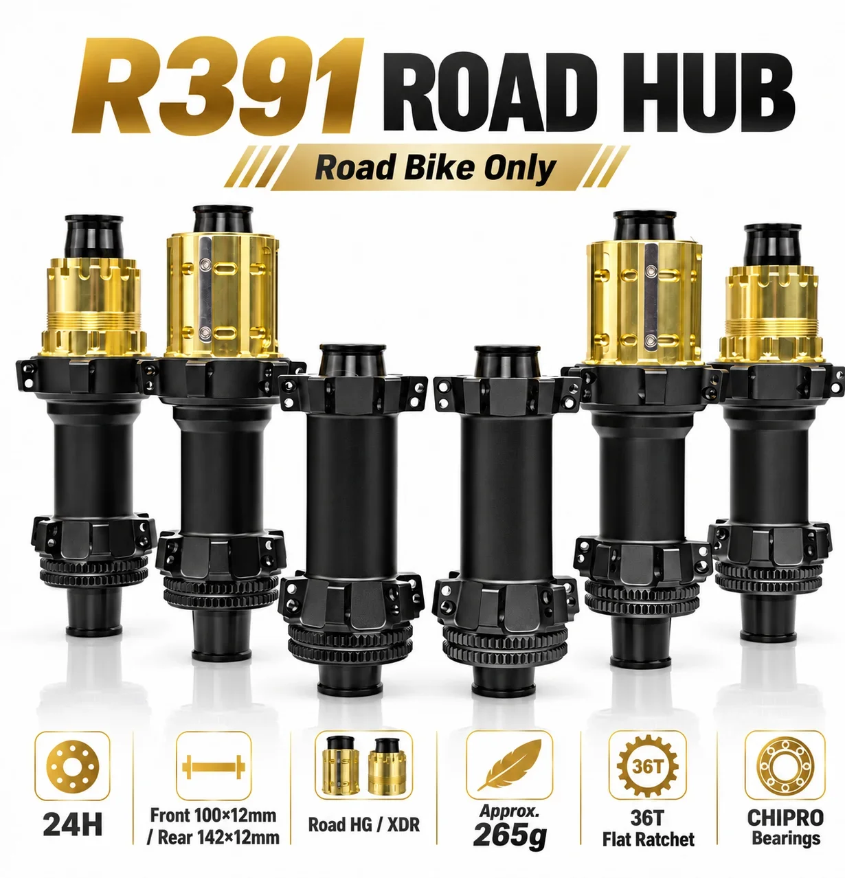 GOLDIX R391 Road Bike Hubset 24H Center Lock 36T Flat Ratchet 100x12 142x12 HG XDR Lightweight 265g for Road Cycling