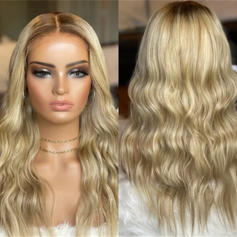 

HD Glueless Wig 13x4 Ombre Ash Blonde Highlights Synthetic Lace Front Wig Middle Part Realistic Body Wave Wig Elastic Hair 24''