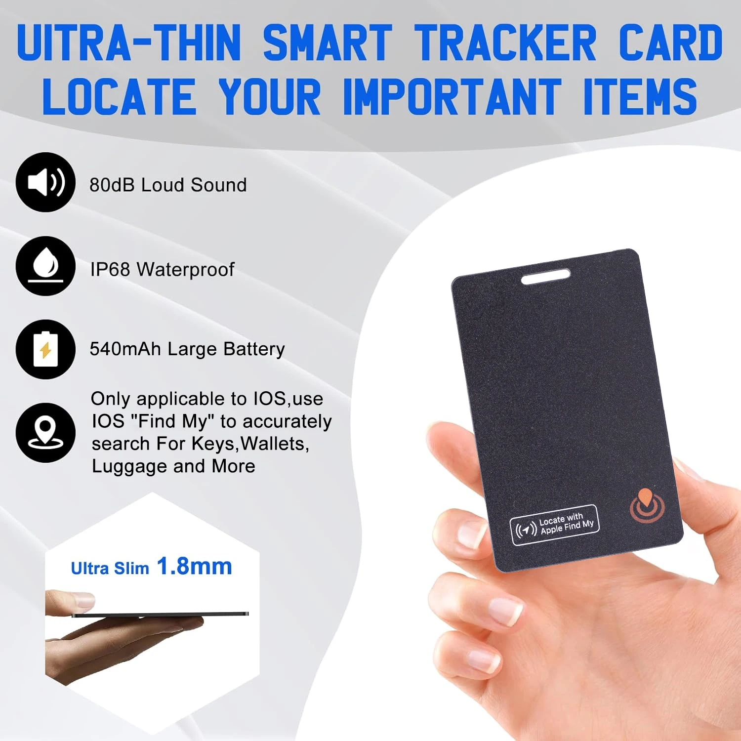 

Тонкий Bluetooth-поиск предметов, трекер, кошелек, карта слежения, совместимая с Find My (только iOS), IP68, водонепроницаемый для чемодана