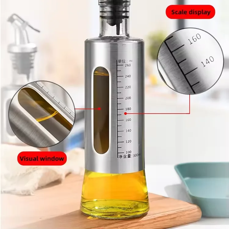 200ml, 300ml, 500ml glass with graduated stainless steel oil bottle kitchen soy sauce vinegar cooking wine seasoning bottle