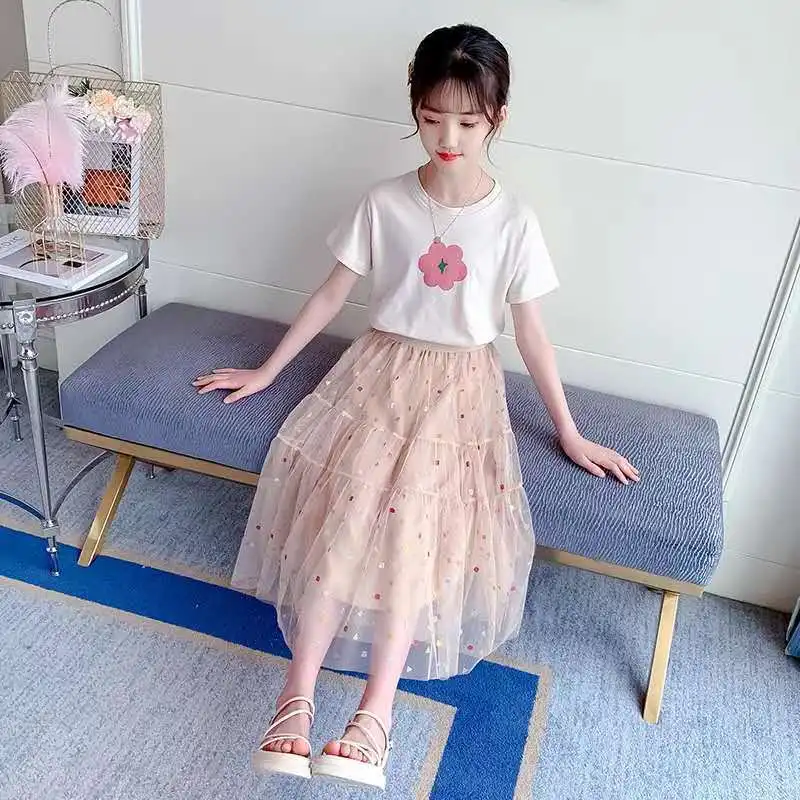 Fashion Girls Dress Summer Kids Outfits T-shirt + Dress 2PCS School Casual Children Short Sleeve Dresses For Girl Teen 4-12 Year image 3
