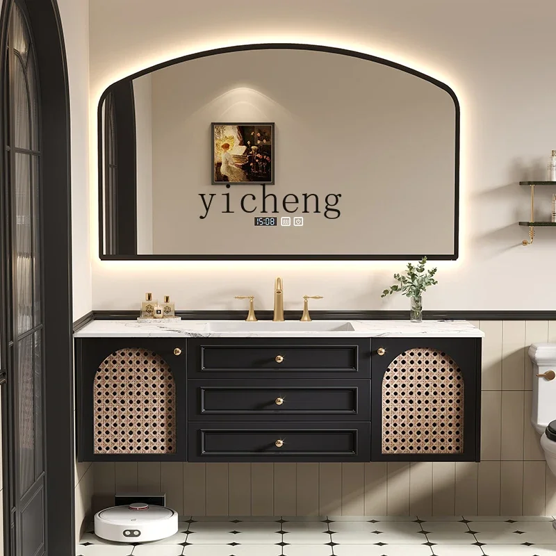 

Y1 French retro rattan bathroom cabinet combination oak wash basin ceramic integrated bathroom washstand