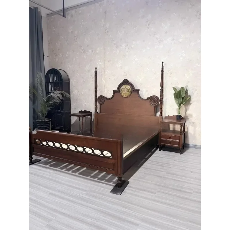 French solid wood vintage carving neoclassical double bed American high-end master bedroom furniture