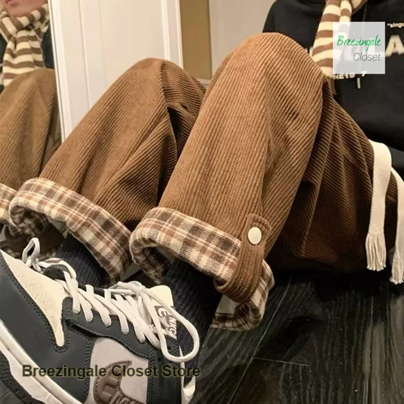 Pantaloni dritti a gamba larga con flangia scozzese in velluto a coste retrò allentato alla moda in stile giapponese Pantaloni casual dal design autunnale e invernale da donna