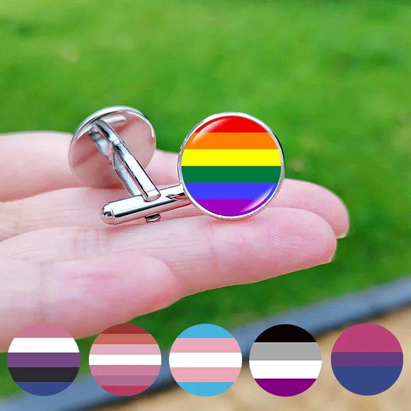 Lesbian Gay Pride Cufflinks for Fans LGBT Creative Rainbow Flag Glass Gem Charm Shirt Decoration Cuff Buttons