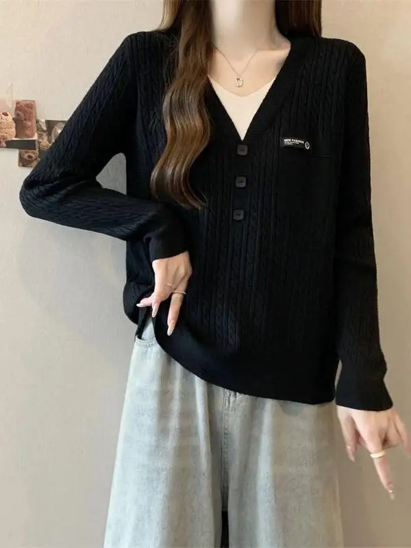 حجم كبير المرأة فضفاضة التخسيس V-Ne محبوك سترة الخريف الشتاء Faionable الشباب العلوي رعب سترة