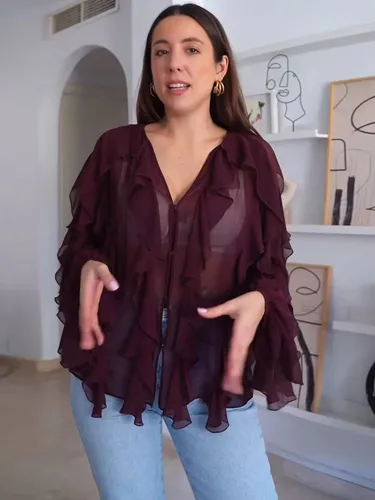 Imagen 2 del producto TFMLN-Blusas sexis con volantes translúcidos para mujer, Tops informales escalonados con cuello en V a la moda, camisa lisa de estilo playero 2025
