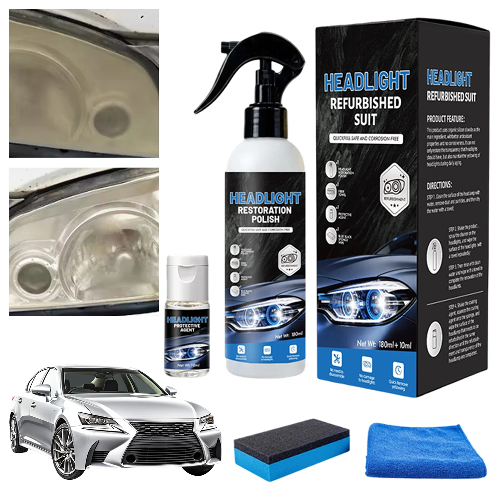 Fast & Easy Car Headlights Cleaners Multi Purpose Versatile Headlight Refurbish Kit 180ml+10ml for Oxidized&Yellowed Headlamps