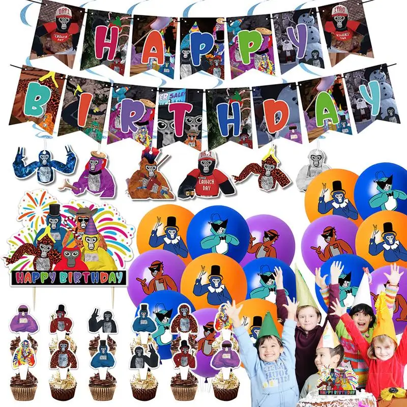 Children Birthday Balloon Set Happy Birthday Gorilla Tag Party Banner Cake Toppers Boys Girls Birthday Party Decoration Supplies