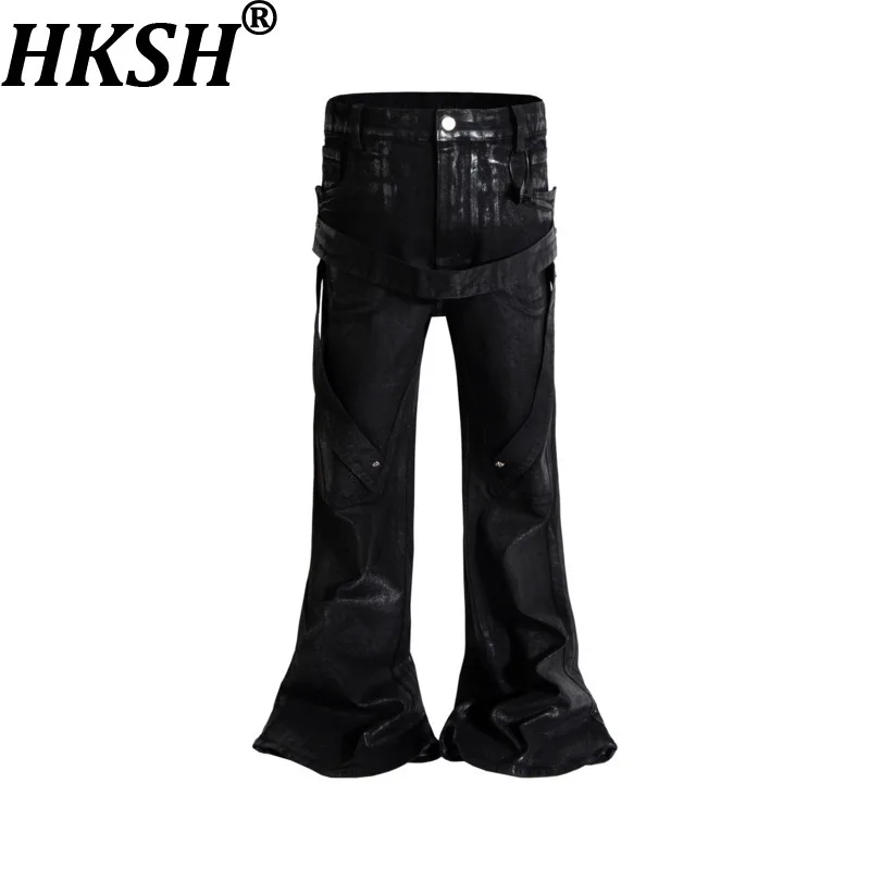 HKSH Spring Autumn New Men's Tide Dark Punk RO Style Avant-Garde Waxed Strap-coated Flared Jeans Trendy Slim Denim Pants HK26832
