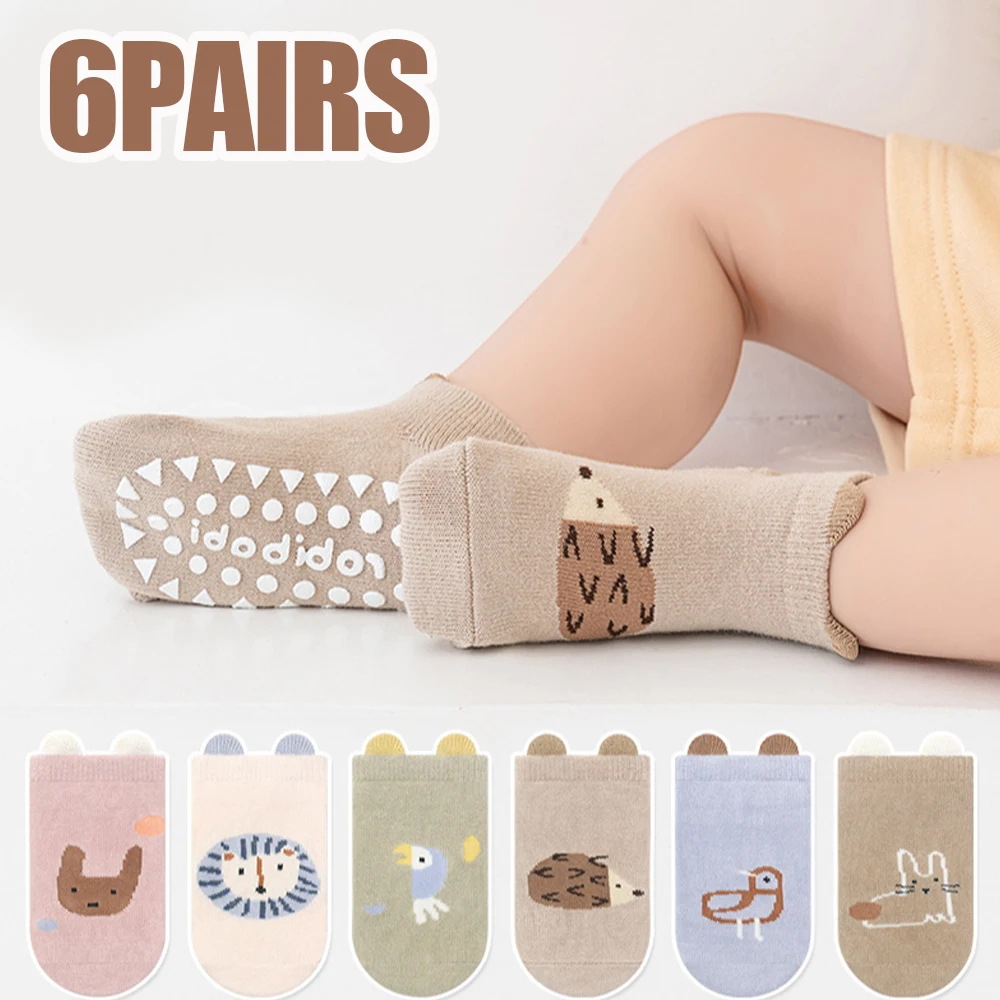 6 pairs of boys and girls' anti slip socks with cute cartoon animal patterns, comfortable and breathable baby floor socks
