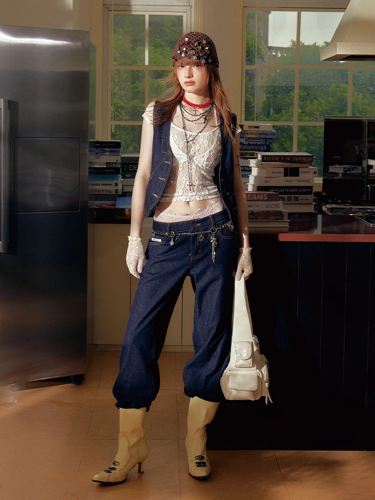 

Оригинальный дизайн, винтажный джинсовый жилет с двойным ростом, женский летний многослойный жилет из хлопка, 00% чистый цвет, с v-образным вырезом на одной пуговице