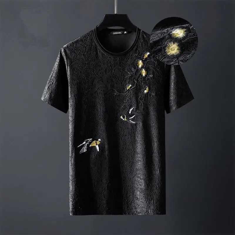 Summer Men's suit High-end Fashion Brand Casual Men's Personality Plum Embroidered T-shirt Set Slim-fit Shorts Two-piece Set