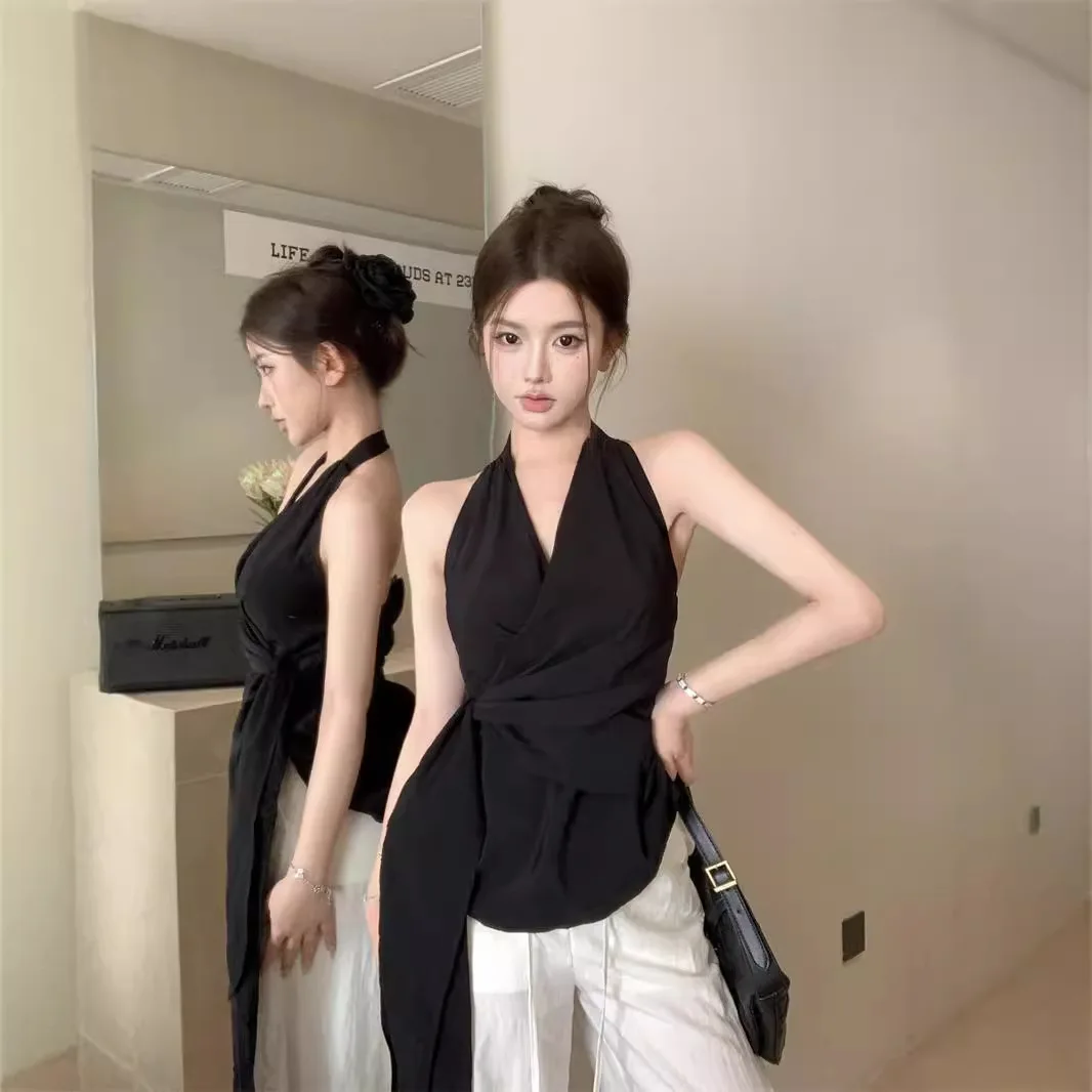 Foreign Trade Hot-Seller: Elegant Black Backless Halter Sleeveless Blouse for Women, Summer Slim-Fit with Tie Waist, Stylish Chi
