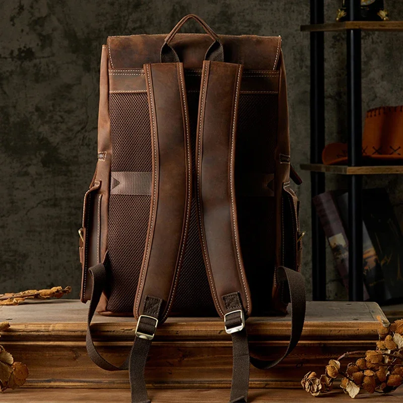 Мужской кожаный винтажный рюкзак, дорожная школьная сумка, 17-дюймовый ноутбук для хранения, кожаные мужские сумки Crazy Horse, роскошный дизайн, деловые сумки