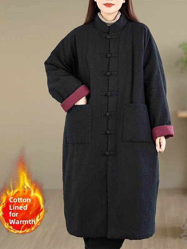 معطف Theened القطني Jaet Zen Sle متوسط الطول للرجال البوذي ملابس خارجية شتوية كورية فضفاضة طويلة Sve مستديرة Ne