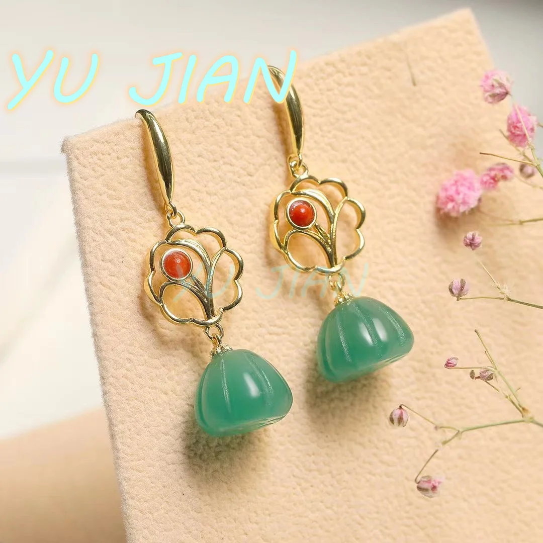 Certified New Natural Hetian-Jade Exquisite Hand Carved Dongling Jade Eardrop Seedpod Lotus Vermilion Inlaid Earrings Jewelry
