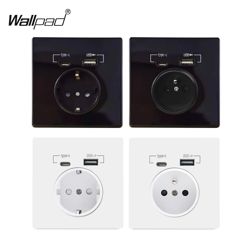 EU French Phone Type C USB Outlet Charger Wallpad White PC Black Acrylic Panel Adaptor AC Power Socket 5V 2.1A Box Holder