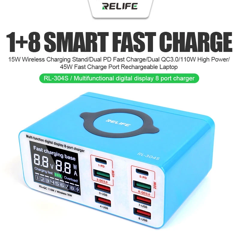 

RELIFE AC100-240V Smart 8 Port USB Digital Display Fast Charger Wireless Charging Support QC3.0+PD for iPhone Android Phone