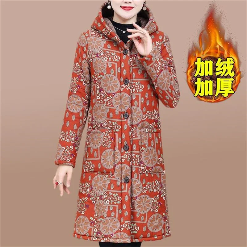 5XL Mother Winter Cotton Clothes Add Velvet Thick Warm Hooded Padded Coat Middle Aged Elderly Grandma Casual Long Parkas Jacket