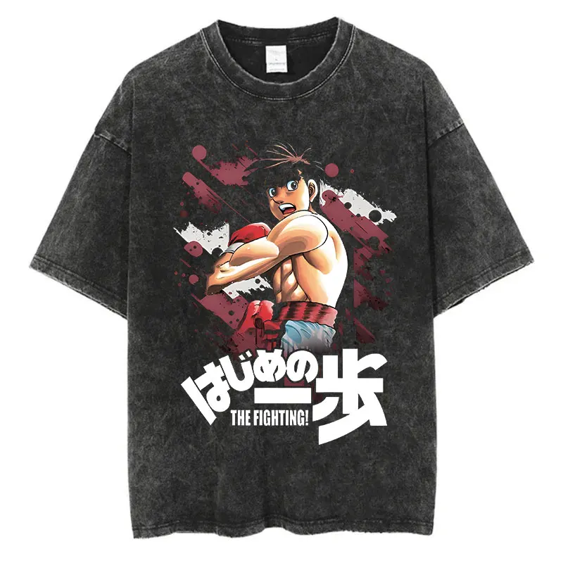 Vintage Cotton Washed T-Shirt Anime Hajime No Ippo Kamogawa Boxing Gym Loose T Shirts Men Women Y2K Hip Hop Summer Top Tee