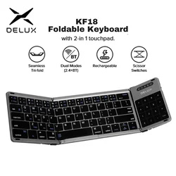 Delux KF18 Folding Wireless Keyboard Bluetooth 2.4G Rechargeable 2-in-1 Touchpad Leather Cover Portable Multi-Device Compatible