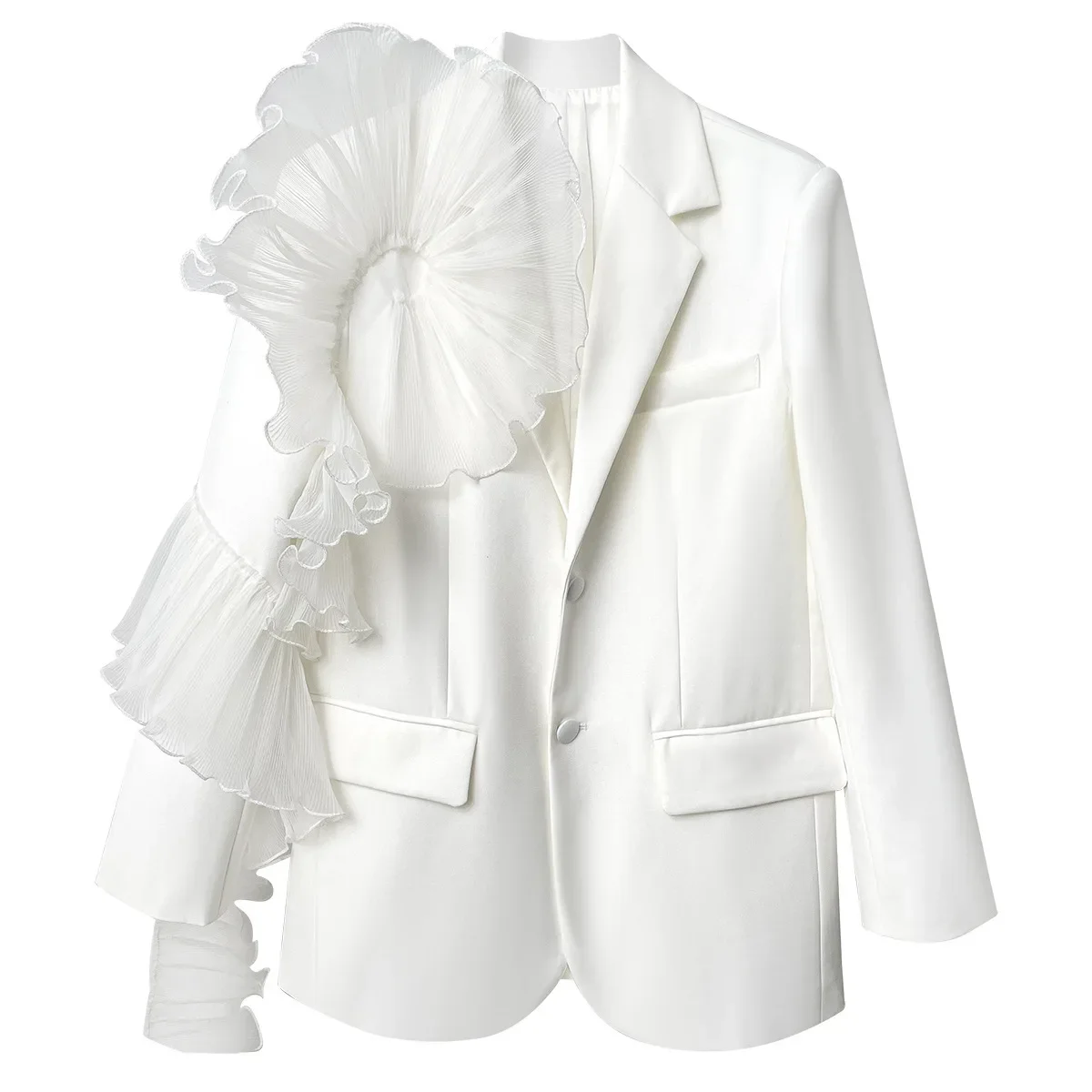 

Heavy Industry Design Sense Niche Top Autumn New Single-breasted Stitched Mesh Ruffled Sleeve Blazer