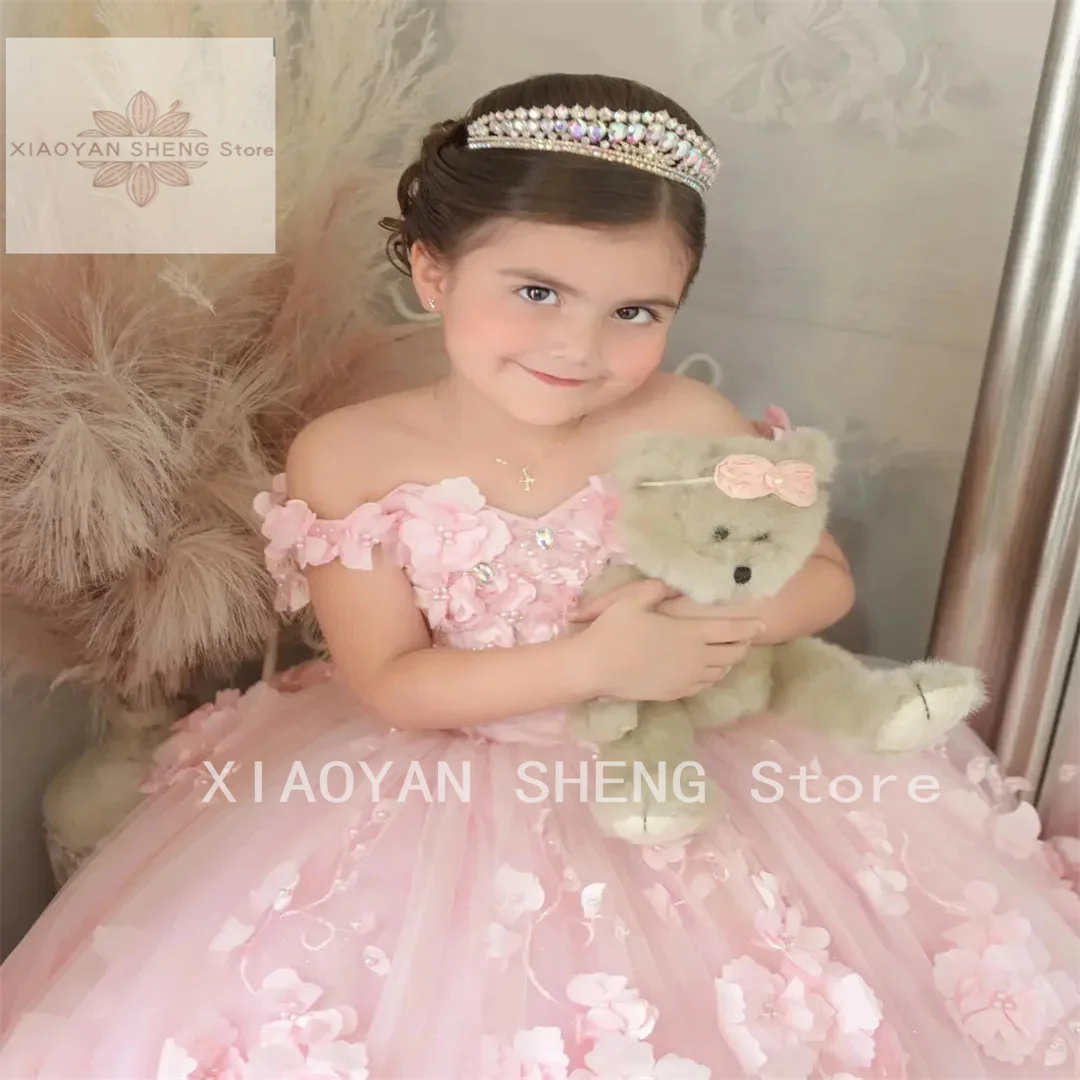 Robe de fille de fleur d'applique 3D pour le mariage, perles luxueuses, tulle, chariste, fête d'anniversaire, enfant, premier