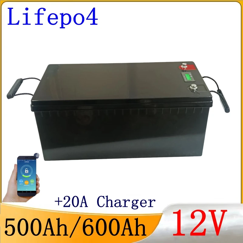 

12 В 500 Ач 600 Ач Lifepo4 литиевая батарея глубокого цикла с Bluetooth BMS APP для солнечной батареи, троллингового двигателя, лодки + зарядное устройство 20 А