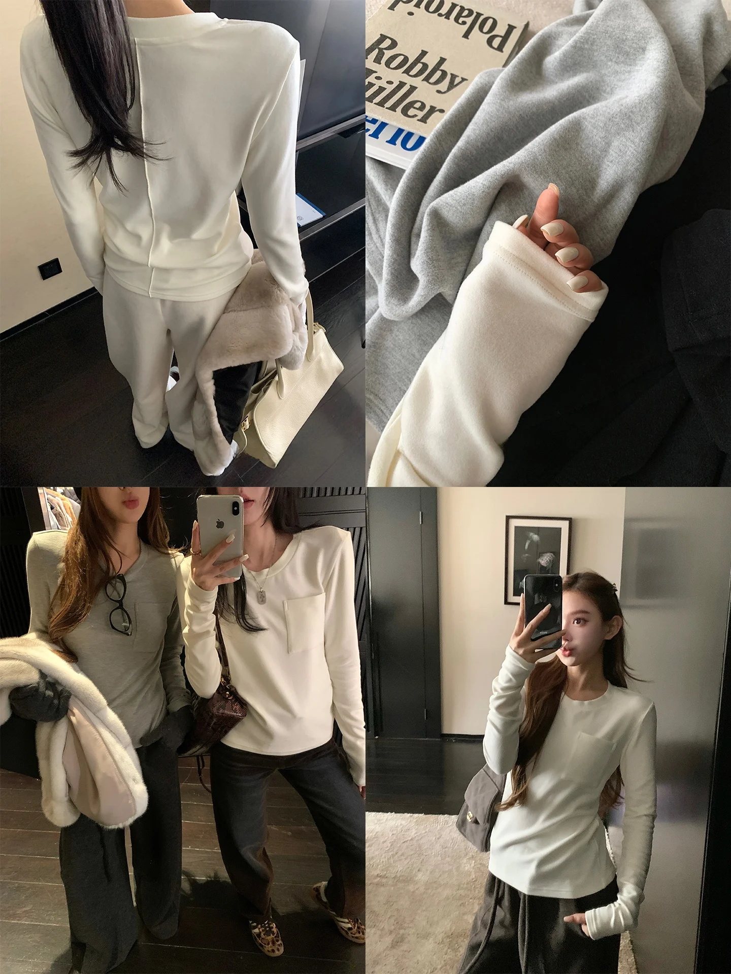 

Double-Sided Fce Knitted ket T-irt Warm Versatile Korean Sle Long Sve round Ne Casual Comfortable Women's Top
