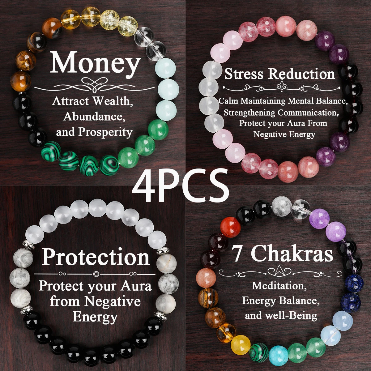 OUYADI 4Pcs Natural Stone Beaded Bracelet Set Unisex 7 Chakra Energy Healing Crystal Bead Wrist Bracelets Wholesale Jewelry Gift