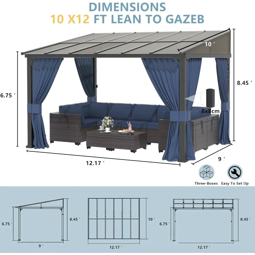 10’ x 12’ Gazebo, Gazebo Outdoor Pergola, Hardtop Lean to Gazebo Canopy Awnings with Sloped Roof and Sturdy Steel Frame