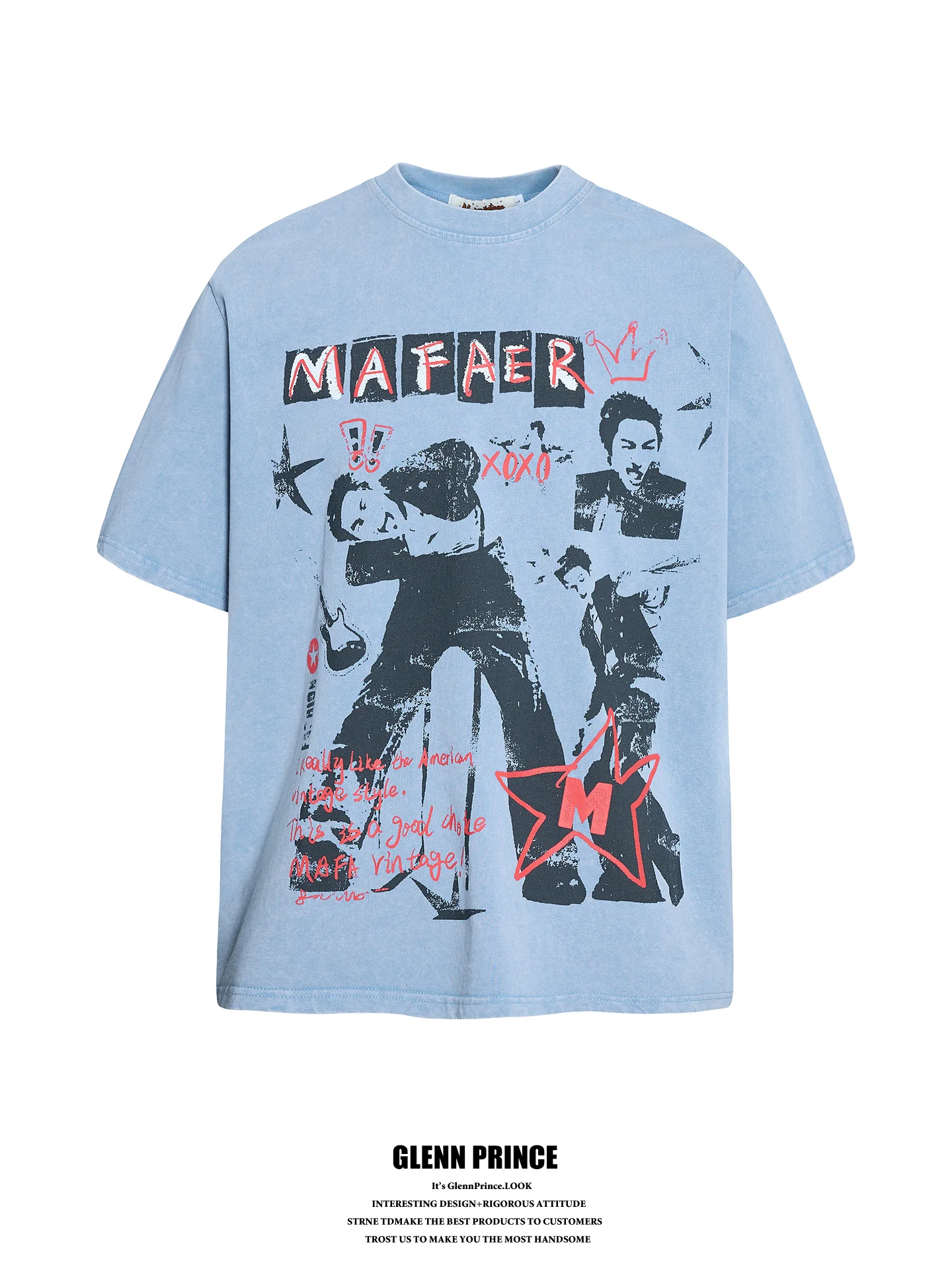 

American Vintage Rock Portrait Print Short Sleeve T-Shirt Men's Summer Wash Series Loose Fit Pure Cotton Casual Tee