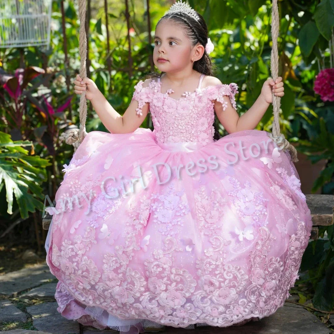 

Customized Pink Luxury Flower Girl Dress For Wedding Floral Appliques Beading Glitter Princess Birthday Quinceanera Ball Gown