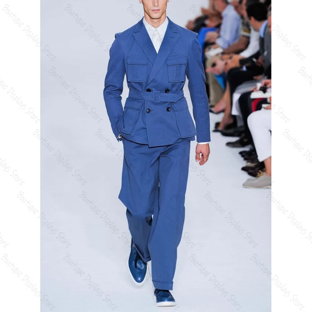 

Fashion Blue Double Breasted Straight Men Suit Two Pieces(Jacket+Pants) Lapel Outfits Chic Casual Party Prom Wedding Set