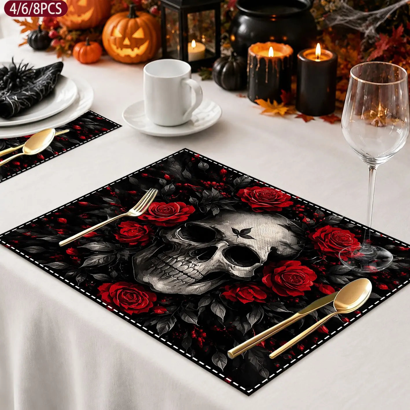 4pcs Halloween Placemat Set, Gothic Skull Red Rose Dark‑Leaf Black‑Background Tattoo‑Style Print for Holiday Party Table Decor
