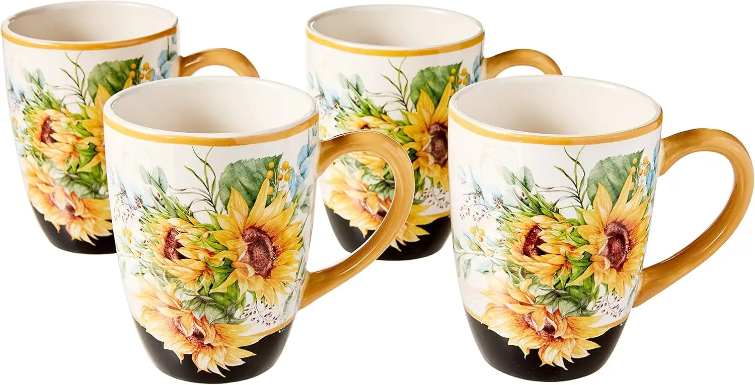 

Sunflower Fields Ceramic Mugs Set of 4, 18 oz Floral Coffee Tea Cups with Golden Handles for Bright Mornings and Gifting