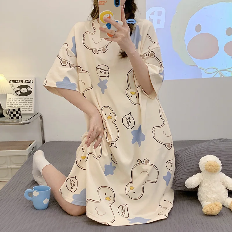 Pyjamas Women Nightgown Short Sleeve Sweet Cartoon Print Loungewear Loose Summer Thin Sleepwear Women's Clothing Trend Nightwear