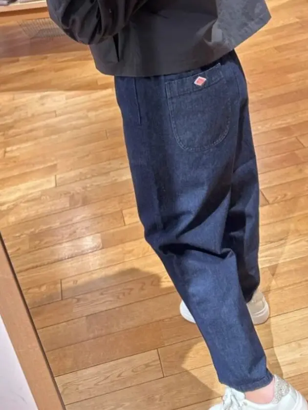 

New Women's Pure Color Elastic Waist Denim Pants Nine Points Machine Embroidery Back Pocket Small Logo Basic Loose Fit Cotton